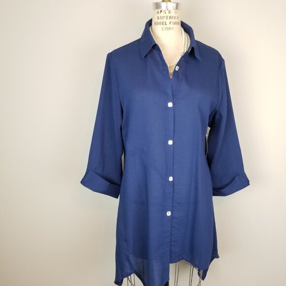 Fridaze Rich Navy Blue 100% Linen Blouse w/ Asymmetrical Hem New w/Tags * Small - Picture 2 of 7